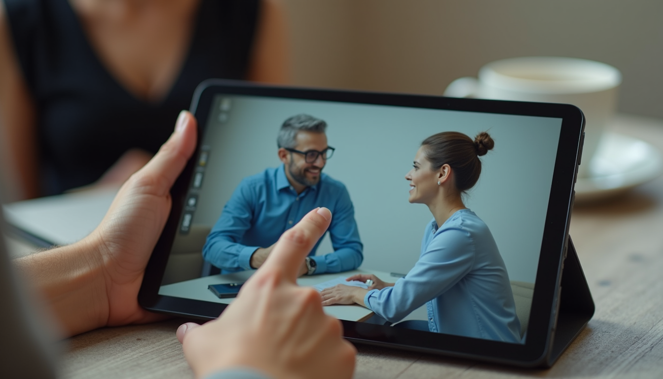 Close-up view of a digital tablet showing a coaching session in progress