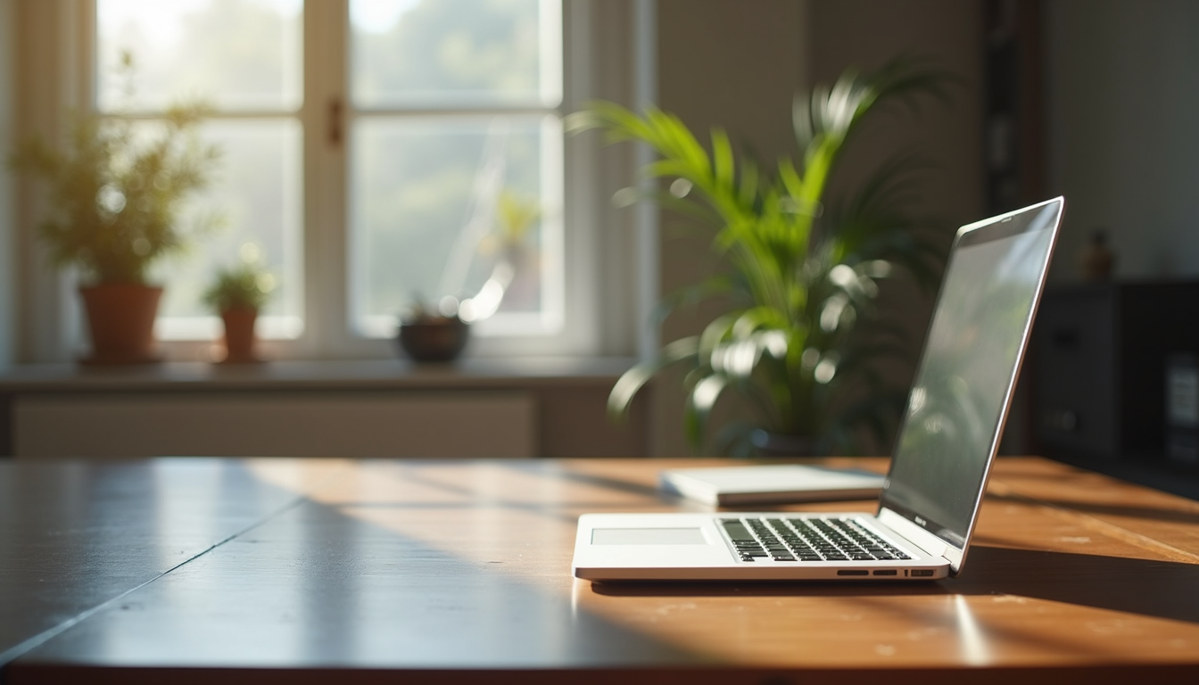 Augenhöhe eines ruhigen Raumes mit Laptop und Notizblock für Coaching