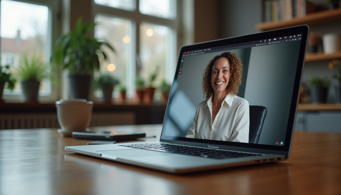 Nahaufnahme eines Laptops mit Videokonferenz für Coaching