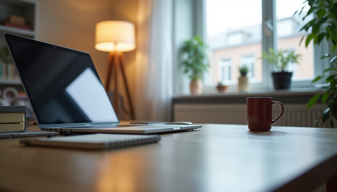 Eye-level view of a modern home office setup with a laptop and notebook