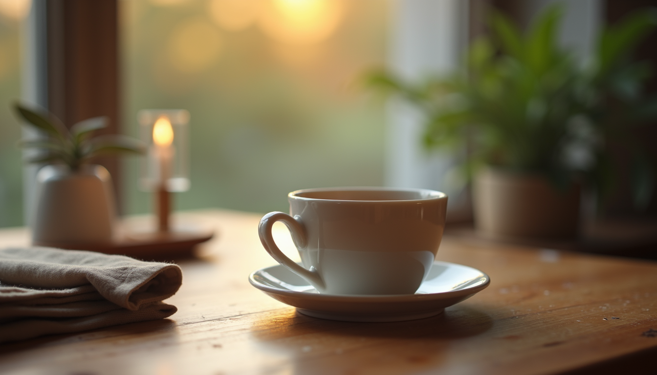 Nahaufnahme einer Hand, die eine Tasse Tee hält, mit entspannter Atmosphäre im Hintergrund